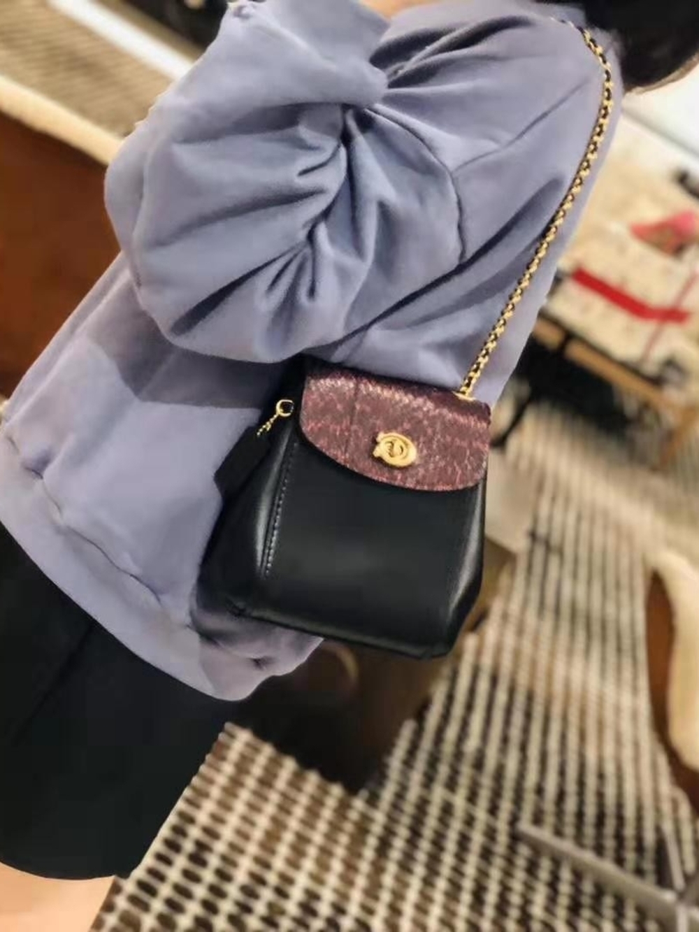 Coach Parker16 Black Mini Backpack with Burgundy Metallic Flap and Gold Chain